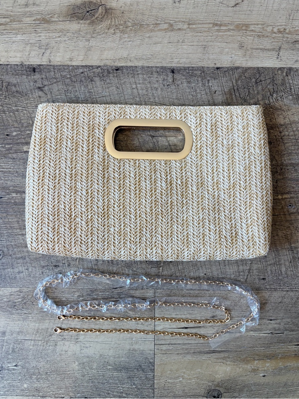JNB Top Handle Raffia Straw Clutch with Attachable Chain Strap Resortwear Summer